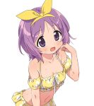  1girl :d bangs bare_shoulders bikini bikini_skirt blush bow bow_hairband breasts collarbone commentary_request detached_sleeves dripping eyebrows_visible_through_hair hairband hand_up happy highres hiiragi_tsukasa hotaru_iori ichimi_renge linea_alba looking_at_viewer lucky_star medium_hair navel open_mouth polka_dot polka_dot_bikini purple_hair second-party_source short_sleeves simple_background smile solo split_mouth swimsuit violet_eyes water_drop wet wet_hair white_background yellow_bikini yellow_bow yellow_hairband yellow_sleeves 