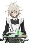  1boy apron bangs black_dress black_gloves blood choker cowboy_shot danganronpa_(series) danganronpa_2:_goodbye_despair dress gloves green_eyes grey_eyes grey_hair gun hair_between_eyes highres holding knife komaeda_nagito kyandii looking_at_viewer maid male_focus messy_hair pill pink_blood shiny shiny_hair simple_background smile solo teeth weapon white_apron white_background 