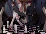  1girl 2boys arms_at_sides bangs black_cape black_footwear black_hair black_headwear black_jacket black_pants blue_hair breasts buttons cape checkered chess_piece chessboard chu_dong closed_eyes closed_mouth crossed_bangs danganronpa_(series) danganronpa_v3:_killing_harmony dress_shirt dual_persona from_side full_body grey_jacket grey_pants hair_between_eyes head_out_of_frame highres holding holding_mask jacket large_breasts long_sleeves looking_at_viewer male_focus mask mask_removed multiple_boys official_alternate_costume ouma_kokichi pants purple_hair red_ribbon ribbon school_uniform shiny shiny_hair shirogane_tsumugi shirt shoes standing torn_cape torn_clothes upper_body walking 