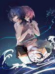  2girls alternate_costume animal_ears arknights bare_shoulders blue_eyes blue_hair blue_poison_(arknights) blush camisole closed_eyes e-fa-dorn eyebrows_visible_through_hair glaucus_(arknights) highres holding_hands hug multicolored_hair multiple_girls ocean parted_lips partially_submerged pink_hair shorts streaked_hair tail wading waves yuri 