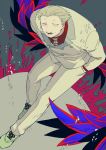  1boy blonde_hair brown_footwear buttons collared_shirt double-breasted grey_background hand_in_pocket jacket kagune_(tokyo_ghoul) leaning_forward lower_teeth male_focus omori_yakumo open_mouth pants red_shirt shirt signature smile solo tokyo_ghoul white_jacket white_pants zoo_(oukakumaku) 