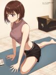  1girl bangs bare_shoulders barefoot black_shorts box breasts brown_hair cardboard_box cellphone crop_top halter_top halterneck hands_on_floor highres indoors light_blush looking_at_phone medium_breasts midriff nail_polish open_box original phone pink_shirt setu_kurokawa shirt short_hair short_shorts shorts sleeveless smartphone stretch twitter_username violet_eyes yoga yoga_mat 