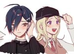  1boy 1girl :d akamatsu_kaede bangs black_headwear black_jacket blonde_hair blush brown_eyes cropped_torso danganronpa_(series) danganronpa_v3:_killing_harmony hair_ornament hand_on_headwear jacket long_sleeves musical_note_hair_ornament necktie open_mouth pink_neckwear pink_vest saihara_shuuichi simple_background sketch smile striped striped_jacket upper_teeth vest violet_eyes white_background yp_(pypy_5_) 