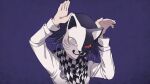  1boy a_tama_(pakpak_tkg) animal_ears arms_up bangs black_hair cat_ears cat_mask checkered checkered_neckwear checkered_scarf danganronpa_(series) danganronpa_v3:_killing_harmony facing_viewer fake_animal_ears gradient gradient_background highres jacket long_sleeves male_focus mask ouma_kokichi pink_hair scarf solo upper_body white_jacket 