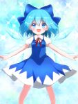  1girl :d blue_bow blue_dress blue_eyes blue_hair blue_theme blush bow cirno dress hair_bow higashi_shino ice ice_wings looking_at_viewer neck_ribbon open_mouth pinafore_dress puffy_short_sleeves puffy_sleeves red_neckwear red_ribbon ribbon shirt short_sleeves smile solo touhou white_shirt wings 