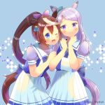 2girls ;d animal_ears bangs blue_background blue_bow blue_eyes blue_shirt blush bow brown_hair commentary_request ear_ribbon eyebrows_visible_through_hair green_ribbon hair_between_eyes hair_ribbon hands_up high_ponytail horse_ears horse_girl horse_tail kou_hiyoyo long_hair mejiro_mcqueen_(umamusume) multicolored_hair multiple_girls one_eye_closed open_mouth pink_ribbon pleated_skirt ponytail puffy_short_sleeves puffy_sleeves purple_hair ribbon school_uniform shirt short_sleeves skirt smile streaked_hair tail tokai_teio_(umamusume) tracen_school_uniform twitter_username umamusume very_long_hair violet_eyes white_hair white_skirt 
