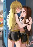  1girl 3girls absurdres ahoge ass bike_shorts black_hairband blue_eyes blush boo_iro breasts brown_eyes brown_hair character_request cropped_jacket eye_contact frown groin hairband hand_on_another&#039;s_face highres hood hoodie hoshii_miki idolmaster idolmaster_million_live! long_hair looking_at_another medium_breasts midriff minase_iori multiple_girls navel open_mouth pullover skirt small_breasts striped striped_hoodie stuffed_animal stuffed_toy thighs v-shaped_eyebrows vending_machine white_skirt wrist_grab yuri 