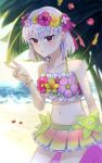  1girl absurdres bangs bare_shoulders beach bikini blush breasts collarbone commentary fate/grand_order fate_(series) flower_wreath green_bikini hair_ribbon head_wreath highres innertube kama_(fate) kama_(swimsuit_avenger)_(fate) looking_at_viewer miniskirt navel ocean parted_lips rainbow_skirt red_eyes ribbon rihori shore short_hair silver_hair skirt small_breasts solo swimsuit thighs v 