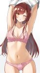  1girl ;o armpits arms_up ass_visible_through_thighs bangs bow bow_panties bra breasts brown_hair clothes_lift commentary cowboy_shot eyebrows_visible_through_hair highres idolmaster idolmaster_shiny_colors lace-trimmed_bra lace_trim lifted_by_self long_hair looking_at_viewer medium_breasts navel one_eye_closed oosaki_amana panties parted_lips pink_bra pink_panties shirt_lift simple_background skindentation solo standing sweatdrop underwear underwear_only undressing wanimaru white_background yellow_eyes 