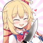 1girl :3 akai_haato blonde_hair breasts closed_eyes fang hair_ornament heart heart_hair_ornament holding holding_knife hololive kitchen_knife knife large_breasts matarou_(matarou072) one_side_up open_mouth portrait smile solo virtual_youtuber 