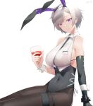  1girl absurdres ahoge animal_ears azur_lane backless_leotard black_bra black_legwear black_leotard black_neckwear bra breasts covered_navel elbow_gloves fake_animal_ears gloves highres hun_shang large_breasts leotard leotard_under_clothes looking_at_viewer neckwear_between_breasts official_alternate_costume pantyhose playboy_bunny rabbit_ears reno_(azur_lane) reno_(reno_bunnino)_(azur_lane) see-through_shirt shirt short_hair side-tie_leotard simple_background single_elbow_glove sitting sleeveless sleeveless_shirt solo thigh_strap twintails underwear violet_eyes white_background white_shirt wrist_cuffs 