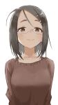  1girl absurdres black_hair brown_eyes brown_sweater closed_mouth collarbone copyright_request glasses hair_ornament hairclip highres long_sleeves looking_at_viewer short_hair simple_background smile solo sweater white_background yamamoto_souichirou 