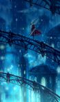  1other blue_theme bridge building clouds commentary_request from_behind highres hollow_knight hornet_(hollow_knight) rain red_robe robe scenery sinsin719 solo standing tower weapon weapon_on_back weapon_request wet wet_clothes wide_shot window 