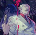  2boys back-to-back black_background blonde_hair brown_hair bug centipede claw_ring collared_shirt dual_persona hair_slicked_back hand_up jacket looking_at_viewer male_focus multiple_boys necktie omori_yakumo pectorals print_neckwear red_shirt shirt short_hair smile tokyo_ghoul upper_body upper_teeth white_jacket zoo_(oukakumaku) 