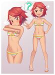  1girl :d ? absurdres ass_visible_through_thighs bangs bikini blush border breasts brown_eyes camilla_(pokemon) child closed_mouth collarbone commentary english_commentary eyebrows_visible_through_hair eyelashes gazing_eye grey_background hand_on_hip highres knees multiple_views navel open_mouth pokemon pokemon_(game) pokemon_masters_ex redhead sandals smile sparkle spoken_question_mark standing striped striped_bikini swept_bangs swimsuit toes tongue upper_teeth v white_border 