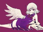  1girl angel_wings bare_shoulders beige_jacket bow bowtie braid breasts collared_dress covered_navel dress eyebrows_visible_through_hair finger_to_mouth french_braid hair_between_eyes hand_to_own_mouth highres jacket jacket_removed kishin_sagume looking_at_viewer lying medium_breasts on_side purple_background purple_dress red_neckwear short_hair silver_hair solo subaru_(subachoco) thighs touhou violet_eyes wings 