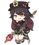 1girl :q bangs black_hair black_shorts chibi chinese_clothes commentary_request eyebrows_visible_through_hair flower full_body genshin_impact hair_between_eyes hand_on_hip hat hat_flower hat_ornament holding holding_polearm holding_spear holding_weapon hu_tao_(genshin_impact) long_hair long_sleeves looking_at_viewer nyaru_(nyaru_4126) polearm red_eyes shorts sidelocks simple_background smile solo spear staff_of_homa_(genshin_impact) standing standing_on_one_leg symbol-shaped_pupils tongue tongue_out weapon white_background 
