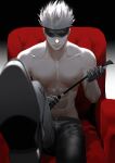  1boy abs black_blindfold black_footwear black_gloves black_pants blindfold couch covered_eyes genii gloves gojou_satoru gradient gradient_background highres holding holding_riding_crop jujutsu_kaisen leg_up male_focus navel nipples on_couch pants riding_crop shirtless shoes short_hair sitting smile solo spiky_hair toned toned_male white_hair 