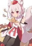  1girl :t animal_ear_fluff animal_ears bangs bare_shoulders black_skirt blush eating eyebrows_visible_through_hair feet_out_of_frame food food_on_face hair_between_eyes hands_up hat highres inubashiri_momiji kochi_michikaze leaf long_sleeves looking_down maple_leaf pom_pom_(clothes) red_eyes red_headwear shirt short_hair simple_background skirt solo tail tokin_hat touhou white_background white_hair white_shirt wide_sleeves wolf_ears wolf_tail 