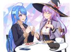  2girls :q absurdres ahoge azur_lane black_cat black_jacket blue_hair breasts brown_sweater casual cat chair closed_eyes cropped_jacket cup food hat helena_(azur_lane) highres holding holding_cup huge_filesize jacket king&#039;s_raid large_breasts light_purple_hair long_hair medium_breasts mouhantain multiple_girls necktie ophelia_(king&#039;s_raid) purple_hair red_neckwear round_table shirt short_necktie sitting sweater tongue tongue_out underbust white_shirt witch_hat 