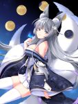 1girl animal_ears azur_lane bangs blunt_bangs bug butterfly commentary_request constellation ebino_mayo eyebrows_visible_through_hair fox_ears fox_girl fox_tail full_moon grey_eyes hair_ornament head_tilt japanese_clothes kyuubi long_hair looking_at_viewer moon multiple_tails night night_sky off_shoulder pleated_skirt shinano_(azur_lane) sidelocks silver_hair skirt sky smile solo star_(sky) starry_sky tail thigh-highs white_legwear white_skirt wide_sleeves zettai_ryouiki 