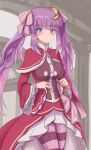  1girl beatrice_(re:zero) beatrice_(re:zero)_(cosplay) breasts capelet cosplay cowboy_shot crescent crescent_hair_ornament eyebrows_visible_through_hair fur-trimmed_capelet fur_trim hair_ornament highres large_breasts long_hair looking_at_viewer namiki_(remiter00) patchouli_knowledge pink_ribbon purple_hair purple_legwear re:zero_kara_hajimeru_isekai_seikatsu red_capelet ribbon solo touhou twintails very_long_hair violet_eyes 