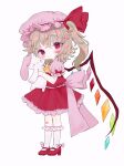 1girl :&lt; :3 absurdres artist_name ascot back_bow bandaid bandaid_on_knee bangs blonde_hair blush blush_stickers bobby_socks bow closed_mouth commentary_request crystal expressionless eyebrows_visible_through_hair flandre_scarlet full_body hair_bow hat high_heels highres holding holding_stuffed_toy looking_at_viewer medium_hair mob_cap one_side_up petticoat pink_bow pink_headwear red_bow red_eyes red_footwear renakobonb simple_background socks solo standing stuffed_toy touhou white_background white_legwear wings yellow_neckwear 
