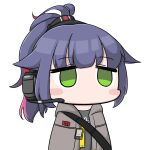  1girl animal_ears arknights black_shirt blue_hair blush_stickers brown_jacket cat_ears chibi commentary english_commentary eyebrows_visible_through_hair fuzihakazuto green_eyes headset id_card implied_extra_ears jacket jessica_(arknights) jitome looking_at_viewer multicolored_hair no_mouth open_clothes open_jacket parody pink_hair ponytail shirt simple_background solo strap streaked_hair style_parody upper_body white_background 