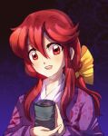  1girl blush bow cup dungeon_toaster eyebrows_visible_through_hair floral_print hair_bow highres holding holding_cup japanese_clothes kimono kotohime_(touhou) long_hair long_sleeves looking_at_viewer open_mouth purple_kimono red_eyes redhead touhou touhou_(pc-98) upper_body upper_teeth yellow_bow 