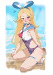  1girl :d absurdres alice_(world_flipper) beach blonde_hair blush breasts hairband highres jin_rou kneeling long_hair looking_at_viewer one-piece_swimsuit open_mouth sailor_collar sandals smile solo swimsuit thigh_strap very_long_hair violet_eyes world_flipper 