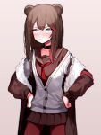  1girl absurdres animal_ears arknights bear_ears beudelb black_choker blue_eyes brown_coat brown_hair brown_sailor_collar brown_shirt brown_skirt choker coat commentary cowboy_shot fur-trimmed_coat fur_trim grey_background hands_on_hips highres korean_commentary long_hair looking_at_viewer multicolored_hair open_clothes open_coat pantyhose pleated_skirt red_legwear redhead sailor_collar school_uniform serafuku shirt simple_background skirt solo streaked_hair sweater_vest white_sweater_vest zima_(arknights) 