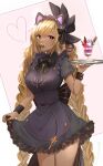  1girl absurdres alternate_costume animal_ears apron bangs black_dress black_neckwear black_ribbon blonde_hair blush bow braid brown_eyes cat_ears collared_dress cowboy_shot dark-skinned_female dark_skin dress fake_animal_ears food frilled_dress frilled_hairband frills granblue_fantasy hair_ornament hairband heart helel_ben_shalem highres holding holding_tray ice_cream large_bow long_braid long_hair looking_at_viewer nakonbu pacifier puffy_short_sleeves puffy_sleeves purple_background ribbon short_sleeves skirt_hold solo sundae tray twin_braids twitter_username two-tone_background very_long_hair white_background wrist_cuffs 