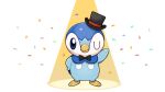  arm_up black_neckwear blue_eyes bow bowtie closed_mouth commentary_request confetti hat hatted_pokemon looking_at_viewer no_humans official_art one_eye_closed piplup pokemon pokemon_(creature) project_pochama smile solo standing toes 