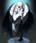  1boy 1girl artist_name bangs bird_legs bird_mask black_feathers black_wings feathered_wings grey_hair harpy harpy_boy highres japanese_clothes mask monster_girl napote original short_hair standing two-tone_wings white_feathers white_hair white_wings wing_hug winged_arms wings 