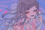  1girl bandaged_arm bandages bangs blue_background blunt_bangs blush breasts collared_shirt danganronpa_(series) danganronpa_2:_goodbye_despair hand_up holding large_breasts long_hair looking_at_viewer multicolored multicolored_background open_mouth pink_shirt puffy_short_sleeves puffy_sleeves saliva shirt short_sleeves signature smile solo sweat syringe tsumiki_mikan xiwang_xintu 