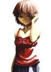  1girl asymmetrical_hair brown_eyes brown_hair closed_mouth dress hair_ornament hairclip hifumi iwakura_lain looking_at_viewer serial_experiments_lain short_hair simple_background sleeveless solo white_background x_hair_ornament 