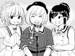  3girls :d absurdres belt bob_cut buttons copyright_request double-breasted facing_viewer greyscale hair_bun hat highres kiliu medium_hair microphone microphone_stand monochrome multiple_girls open_mouth scarf shirt skirt sleeveless sleeveless_shirt smile unmoving_pattern 