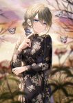 1girl animal autumn bangs bare_tree black_dress black_nails blue_eyes blurry blurry_background blurry_foreground brown_hair bug butterfly commentary_request depth_of_field dress eyebrows_visible_through_hair fingernails floral_print hair_between_eyes hair_bun hand_up highres long_fingernails looking_at_viewer myusha nail_polish original outdoors parted_lips print_dress rose_print signature solo tree 