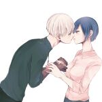  1boy 1girl absurdres bangs black_shirt blue_hair blush breasts collared_shirt colored_skin couple eyebrows_visible_through_hair from_side hetero highres holding_hands imminent_kiss jewelry kaneki_ken kirishima_touka large_breasts leaning_forward long_sleeves looking_at_another necklace parted_lips profile red_skin ring shiny shiny_hair shirt short_hair simple_background sleeves_past_elbows tokyo_ghoul tokyo_ghoul:re toukaairab upper_body white_background white_hair 