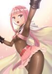  1girl absurdres arm_up armpits bangs belt black_gloves black_legwear blunt_bangs bodystocking breasts cloak gloves highres hood kakukau long_hair magia_record:_mahou_shoujo_madoka_magica_gaiden magical_girl mahou_shoujo_madoka_magica miniskirt navel open_mouth outstretched_arm panties pantyhose pink_background pink_eyes pink_hair pink_skirt ponytail simple_background skirt small_breasts solo tamaki_iroha thighs underwear white_cloak white_panties 