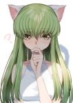  1girl ? animal_ears bangs breasts c.c. cat_ears cat_girl cat_tail closed_mouth code_geass collarbone creayus eyebrows_visible_through_hair green_hair hair_between_eyes kemonomimi_mode long_hair looking_at_viewer medium_breasts shiny shiny_hair sleeveless solo straight_hair tail upper_body very_long_hair white_background yellow_eyes 