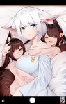  3girls :o absurdres akagi-chan_(azur_lane) alternate_costume amagi-chan_(azur_lane) animal_ears archery azur_lane bangs bed_sheet bell black_hair blue_eyes blunt_bangs brown_hair camera casual closed_eyes collarbone commentary_request contemporary drooling ear_down english_text eyebrows_visible_through_hair fox_ears fox_girl fox_print fox_tail hair_bell hair_between_eyes hair_ornament hair_ribbon hairband headpat height_difference highres hug hug_from_behind kaga_(azur_lane) long_hair looking_at_viewer lying multiple_girls on_side pajamas parted_lips ribbon samip short_hair sidelocks size_difference sleeping sleepover tail thick_eyebrows twintails violet_eyes white_hair wide-eyed 