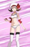  1girl bow bra breasts brown_eyes brown_hair collarbone detached_sleeves hat hat_bow highres holding holding_poke_ball long_hair looking_at_viewer low_twintails lyra_(pokemon) navel open_mouth panties poke_ball pokemon pokemon_(game) pokemon_hgss purple_background red_bow red_sleeves shiny shiny_hair small_breasts solo sports_bra standing sweatdrop thigh-highs torn_clothes torn_sleeves tsukishiro_saika twintails underwear underwear_only white_bra white_headwear white_legwear white_panties 