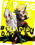  1boy ahoge bangs black_pants blonde_hair character_name closed_mouth commentary_request gladion_(pokemon) green_eyes hair_over_one_eye highres hinata_(h_in_ryo2639) hood hood_down hoodie legendary_pokemon legs_apart long_sleeves male_focus pants pokemon pokemon_(creature) pokemon_(game) pokemon_sm red_footwear shoes short_hair silvally standing torn_clothes torn_pants 