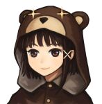  1girl animal_costume asymmetrical_hair bear_costume brown_eyes brown_hair closed_mouth hair_ornament hairclip iwakura_lain looking_at_viewer scary_festival serial_experiments_lain short_hair simple_background smile solo white_background x_hair_ornament 