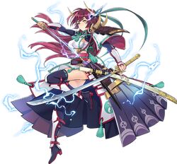  1girl ark_order artist_request bangs black_skirt boots breasts dual_wielding electricity full_body green_ribbon headband holding holding_sword holding_weapon horns katana large_breasts long_hair long_sleeves looking_at_viewer obi obijime official_art purple_hair red_sash ribbon ribbon-trimmed_footwear ribbon_trim sarashi sash sheath sideboob sidelocks skirt solo sword tachi-e takemikazuchi_(ark_order) tassel thigh-highs thigh_boots transparent_background unsheathing weapon yellow_eyes 