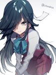  1girl aqua_bow aqua_neckwear black_hair bow bowtie brown_eyes closed_mouth collared_shirt cowboy_shot dress eyebrows_visible_through_hair grey_legwear hair_over_one_eye hayashimo_(kancolle) highres kantai_collection long_hair long_sleeves looking_at_viewer picoli1313 purple_dress school_uniform shirt sleeveless sleeveless_dress smile solo twitter_username white_shirt 