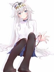  1girl :o absurdres ahoge animal_ears black_hair black_legwear blue_skirt commentary_request grey_hair ha_(hura76752775) head_tilt highres horse_ears horse_girl horse_tail knees_up long_hair long_sleeves looking_at_viewer multicolored_hair no_shoes oguri_cap_(umamusume) pantyhose parted_lips pleated_skirt shirt sitting skirt solo tail two-tone_hair umamusume very_long_hair white_background white_shirt 