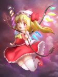  1girl :d ascot blonde_hair blush fang flandre_scarlet flying_sweatdrops higashi_shino holding index_finger_raised looking_at_viewer mary_janes one_side_up open_mouth outdoors red_eyes red_footwear red_skirt red_vest shoes skin_fang skirt smile solo thigh-highs touhou vest white_legwear wings yellow_neckwear 