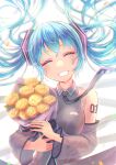  1girl absurdres blue_hair bouquet closed_eyes collared_shirt commentary detached_sleeves facing_viewer floating_hair flower grey_neckwear grey_shirt grey_sleeves grin hatsune_miku highres holding holding_bouquet kiiro_(cocoa080) long_hair long_sleeves necktie shirt shoulder_tattoo sleeveless sleeveless_shirt smile solo tattoo twintails upper_body very_long_hair vocaloid white_background wing_collar yellow_flower 